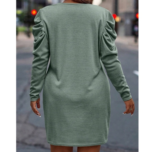 Plus Solid Round neck Puff Long Sleeve Dress - Picture 9 of 9